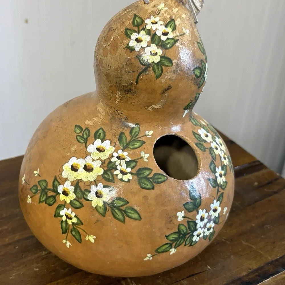 Vintage Hand Painted Gourd Bird House Hanging Floral Folk Art Garden Party